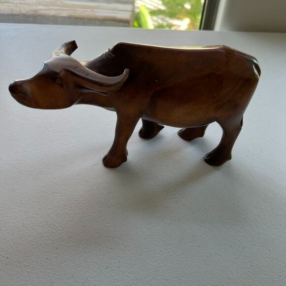 Vintage Water Buffalo Small Wood Figurine Sculpture Hand Carved 6" High - Picture 4 of 15